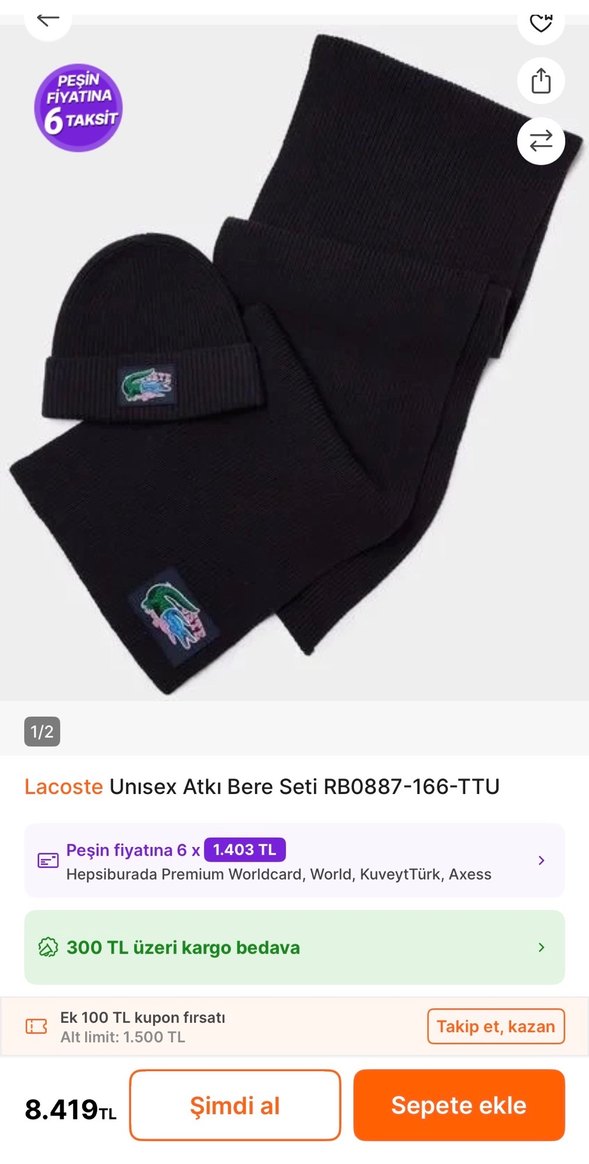 ORİJİNAL LACOSTE ATKI BERE SETİ UNİSEX SIFIR ETİKETLİDİR. - Görsel 2