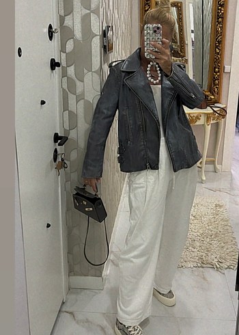 Zara Gri Deri Biker Ceket - Zara