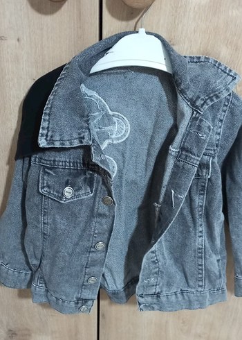 Kız Çocuk Gri Nakışlı Kürklü Denim Ceket - Görsel 3