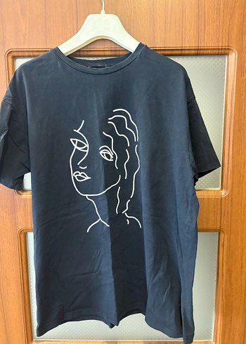 l Beden siyah Renk Siyah Baskılı Keten Oversize Kadın Tişört