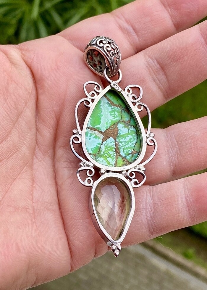 925 ayar elişi Firuze ve sitrin taşlı kolye ucu - Görsel 3