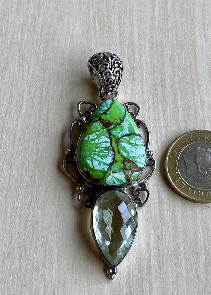 925 ayar elişi Firuze ve sitrin taşlı kolye ucu - Görsel 4