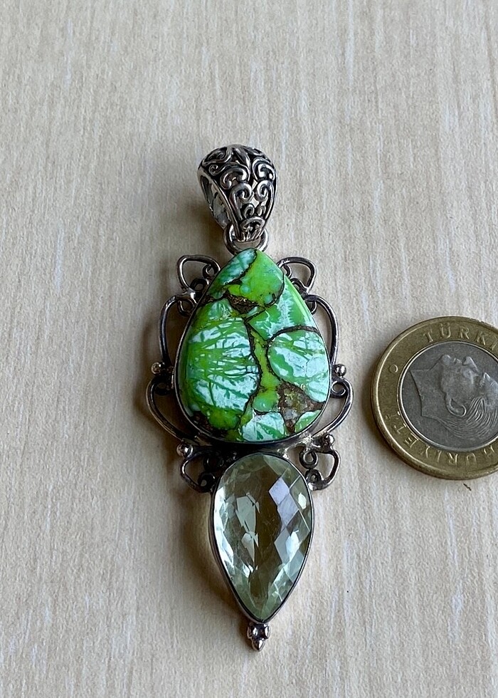 925 ayar elişi Firuze ve sitrin taşlı kolye ucu - Görsel 5