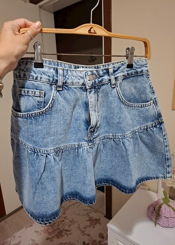 38 Beden mavi Renk Fırfırlı Açık Mavi Denim Mini Etek