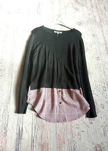 Gri-Kırmızı Gömlek kazak ipekyol - Görsel 5