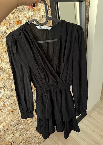 Zara Siyah Mini V Yakalı Katlı Elbise - Görsel 2
