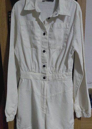 Düğmeli Beyaz Keten Midi Tulum - Görsel 6