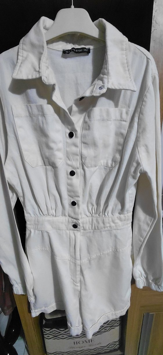 Düğmeli Beyaz Keten Midi Tulum - Görsel 3