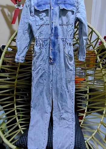 Düğmeli Uzun Kollu Denim Tulum - Görsel 4