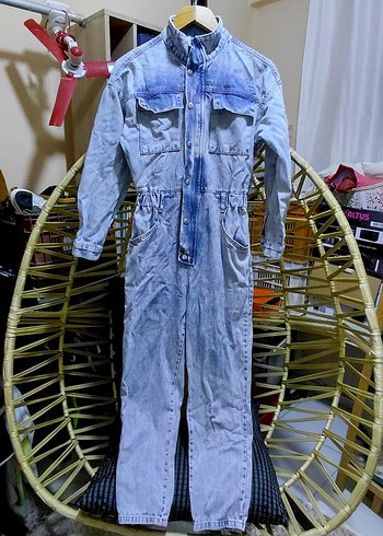 Düğmeli Uzun Kollu Denim Tulum - Görsel 5