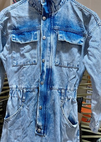 Düğmeli Uzun Kollu Denim Tulum - Görsel 2