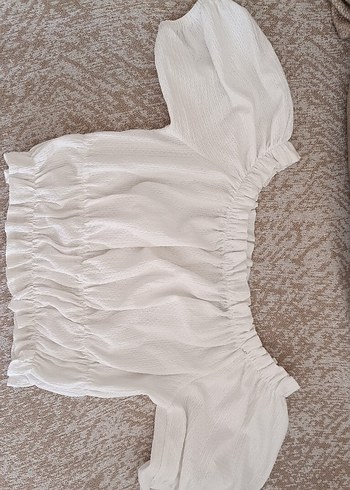 Beyaz Keten Mini Bluz, Viskon Kumaş, Fırfırlı