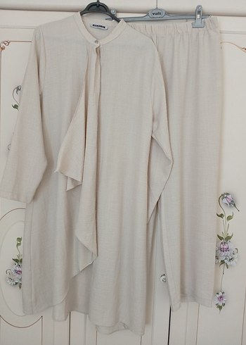 Bej Uzun Kollu Keten Tunik takım - Görsel 5