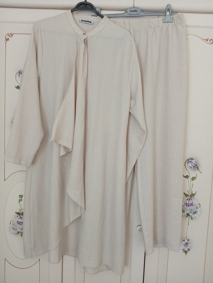 Bej Uzun Kollu Keten Tunik takım - Görsel 5