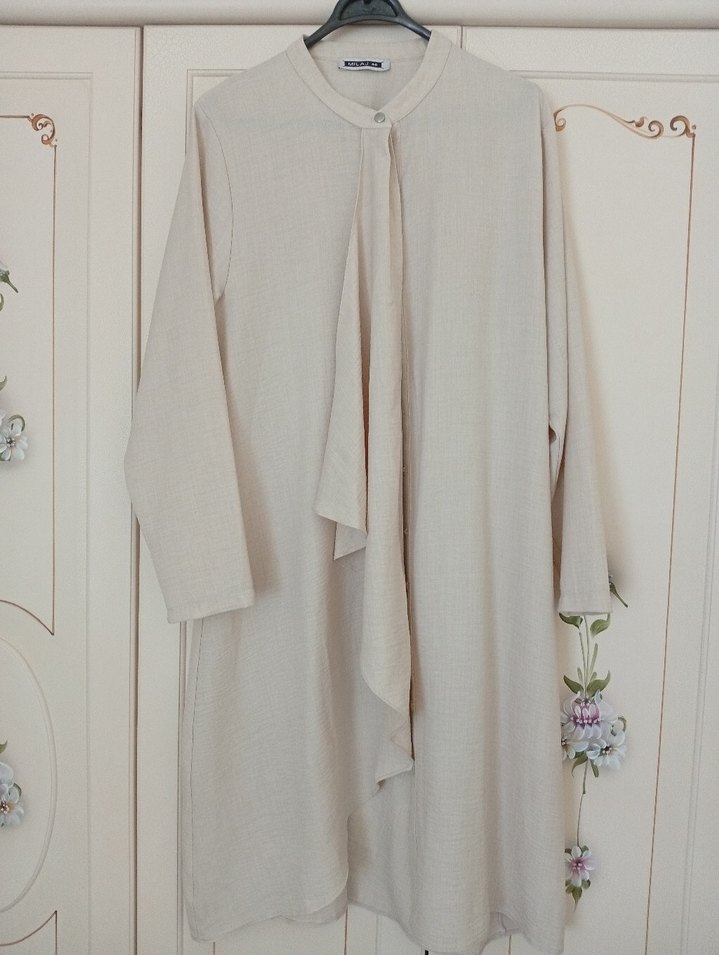 Bej Uzun Kollu Keten Tunik takım - Görsel 2