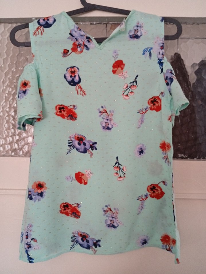 Turkuaz Desenli Kısa Kollu Kız Bluzu - Görsel 3