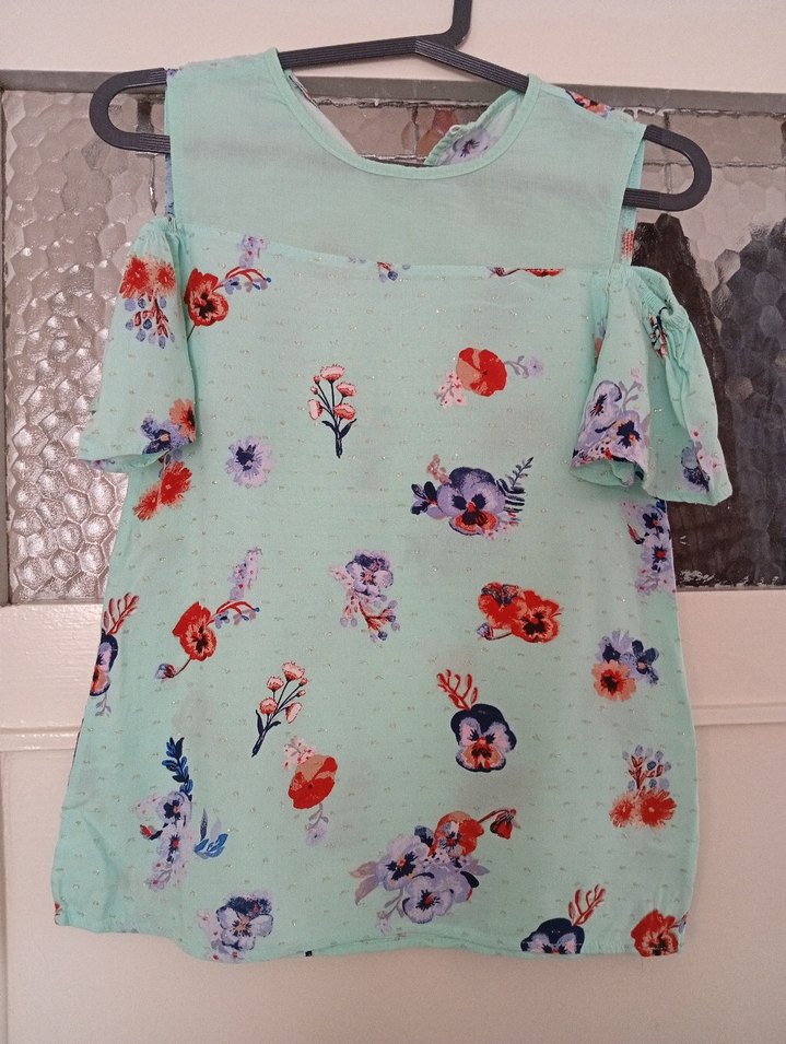 Turkuaz Desenli Kısa Kollu Kız Bluzu - Görsel 2