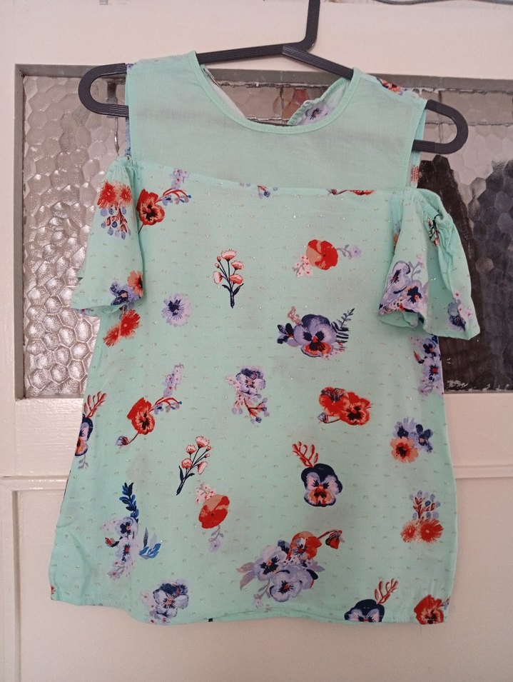 Turkuaz Desenli Kısa Kollu Kız Bluzu - Görsel 4