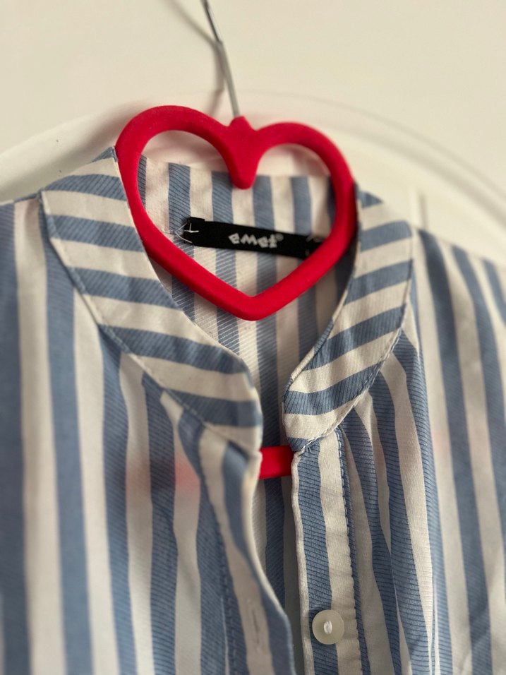 Düğmeli Mavi Çizgili Pamuklu Kadın Gömlek - Görsel 5