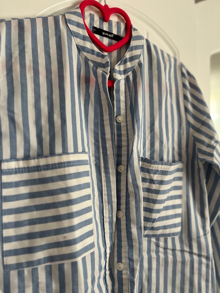 Düğmeli Mavi Çizgili Pamuklu Kadın Gömlek - Görsel 3