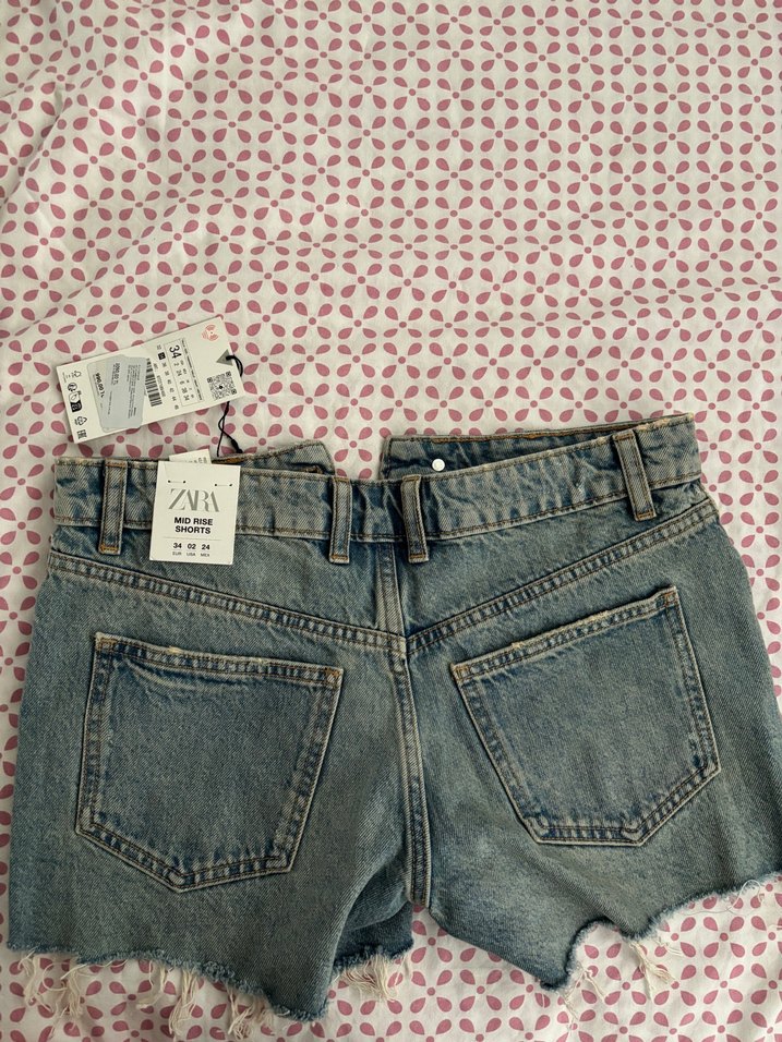 Düğmeli, Bağlama Desenli Mavi Mini Denim Şort - Görsel 2