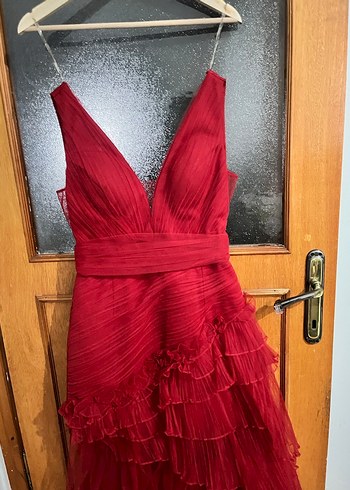 Kırmızı Uzun Drapeli V Yakalı Abiye Elbise - Görsel 2