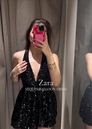 Zara Siyah Mini Payetli V Yaka Elbise bir kez giyildi