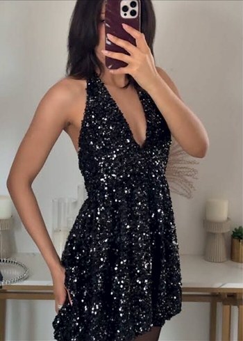Zara Zara Siyah Mini Payetli V Yaka Elbise bir kez giyildi