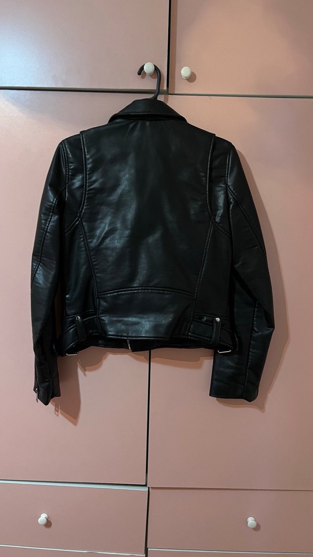 Kadın Siyah Biker Deri Ceket - Görsel 3