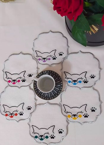 Kedi işlemeli sunum pecetesi 6lı set - Görsel 2