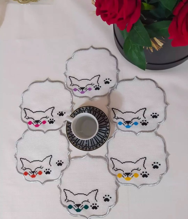 Kedi işlemeli sunum pecetesi 6lı set - Görsel 2