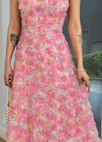 Pembe Straplez Çiçekli Uzun Elbise - Görsel 2
