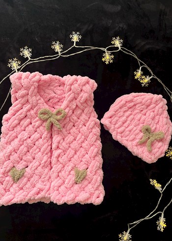 Kız Çocuk Pembe Puffy  Örgü Yelek ve bere takım - Görsel 2