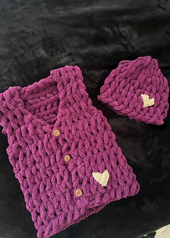 Mor Örgü Kız bebek Yelek ve bere Takımı - Görsel 2