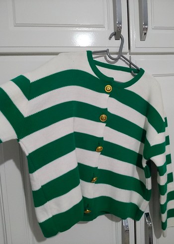 Şık düğmeli yeşil beyaz çizgili kışlık hırka - Görsel 5