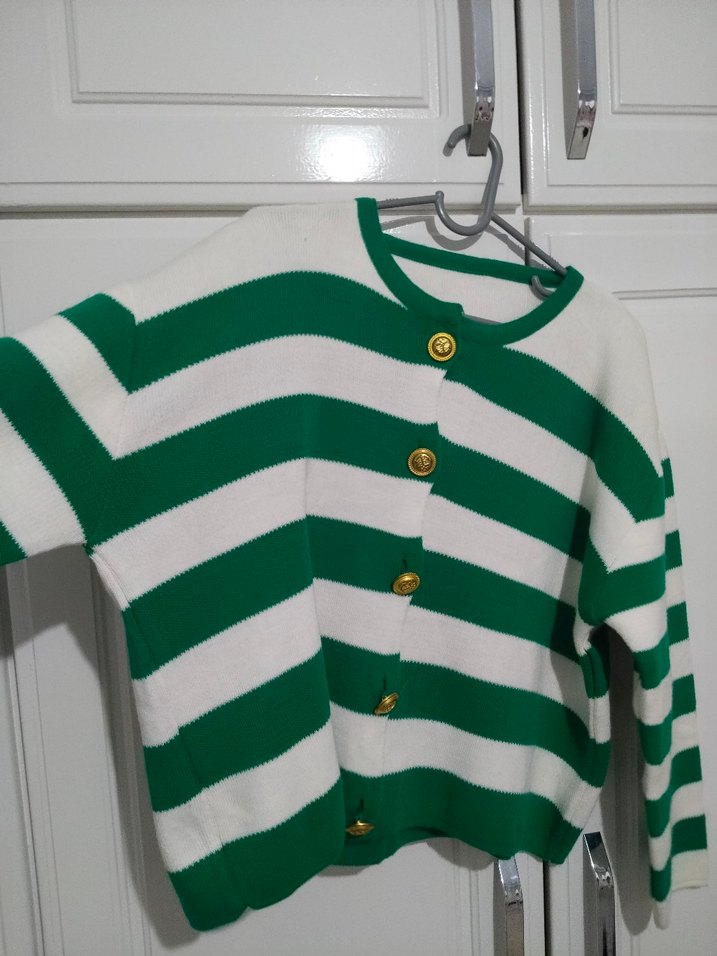 Şık düğmeli yeşil beyaz çizgili kışlık hırka - Görsel 5