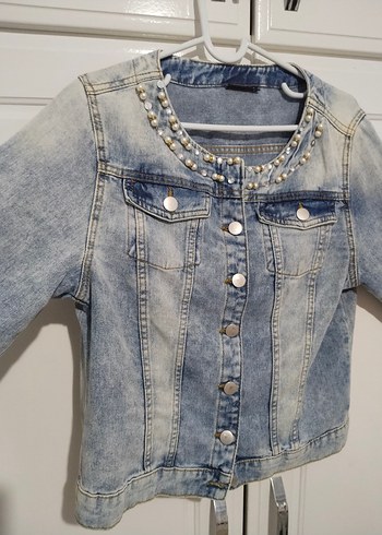 İnci Detaylı Mavi Kadın Kot ceket - Görsel 3