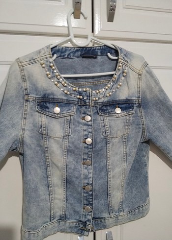 İnci Detaylı Mavi Kadın Kot ceket - Görsel 4