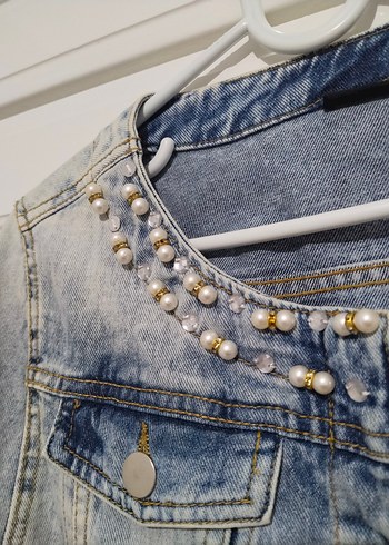 İnci Detaylı Mavi Kadın Kot ceket - Görsel 2