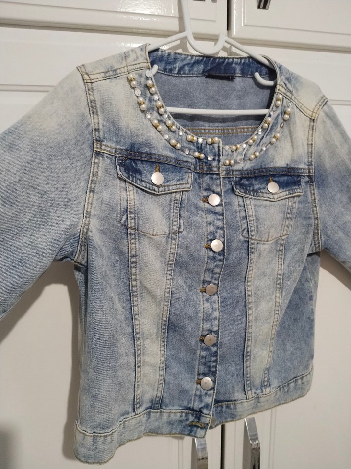 İnci Detaylı Mavi Kadın Kot ceket - Görsel 3