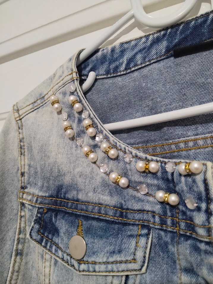 İnci Detaylı Mavi Kadın Kot ceket - Görsel 2