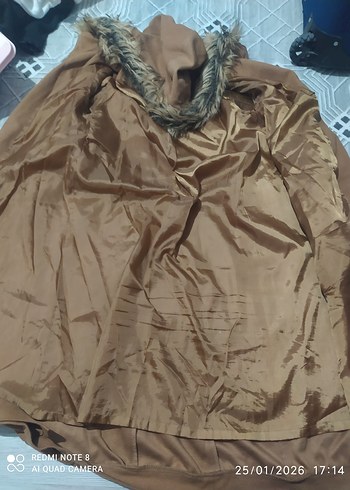 Kahverengi Uzun Kadın Kaban Kürklü Kapüşonlu - Görsel 3