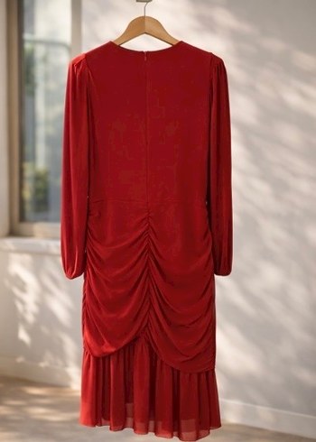 Uzun Kollu Kırmızı Drapeli Abiye Elbise - Görsel 2