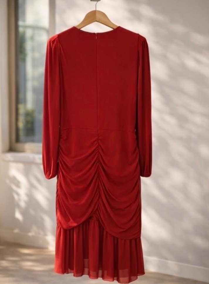 Uzun Kollu Kırmızı Drapeli Abiye Elbise - Görsel 2