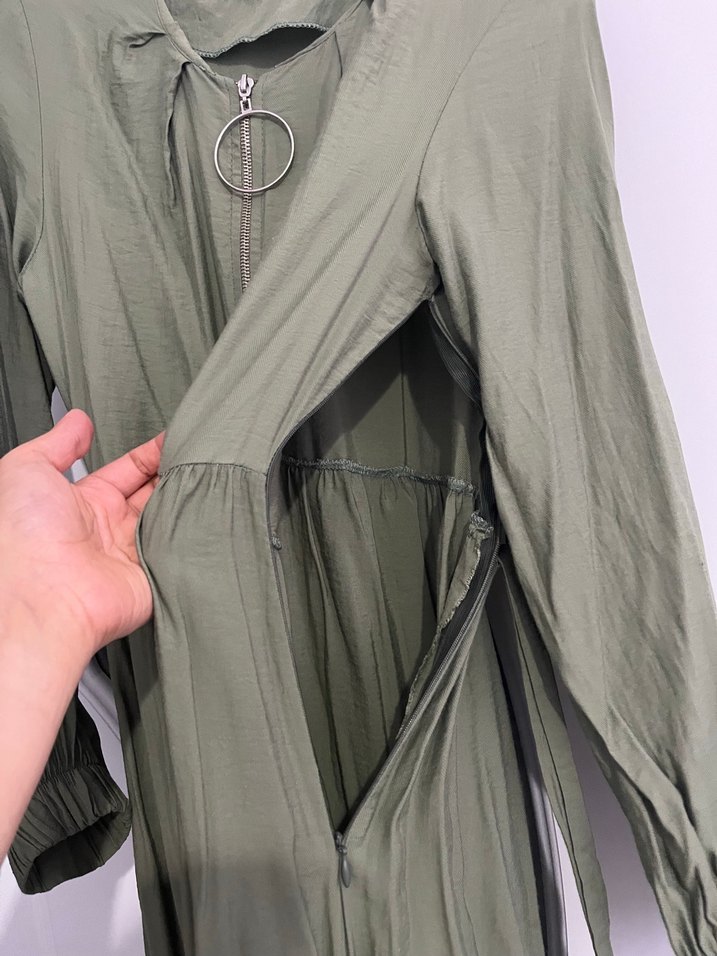 Uzun Kollu Salaş Haki Kadın Elbise - Görsel 4