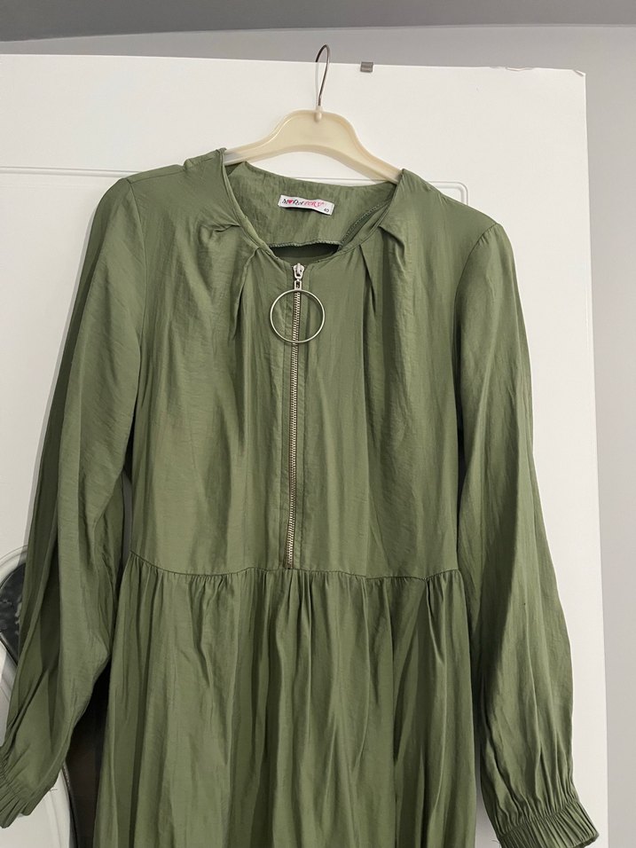 Uzun Kollu Salaş Haki Kadın Elbise - Görsel 2