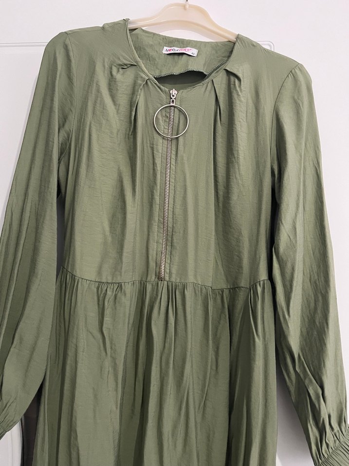 Uzun Kollu Salaş Haki Kadın Elbise - Görsel 3