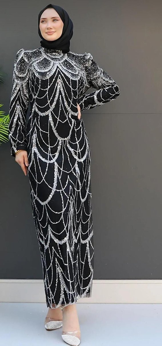 Uzun Siyah Bohem Hint Desenli Kadın Elbise - Görsel 3