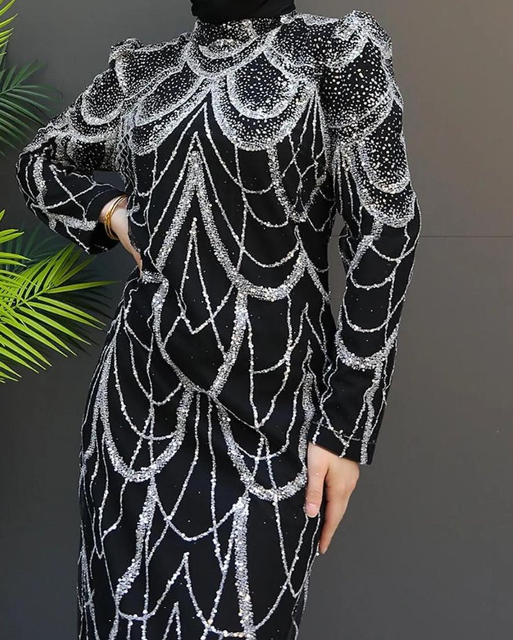 Uzun Siyah Bohem Hint Desenli Kadın Elbise - Görsel 2