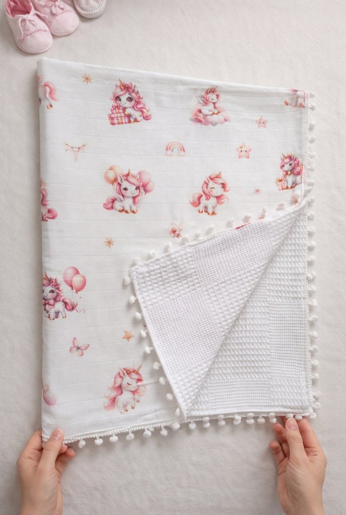 Nakışlı Pembe Pamuk Bebek Battaniyesi - Görsel 2